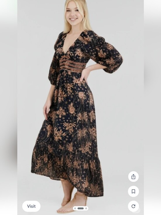 Free People Dresses & Skirts - Free People Black Maxi Dress with Tan Floral Print Boho, Natural Material Size M